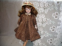 17'' BISQUE FACE BRUNETTE CHILD DOLL,BROWN PRINT DRESS,HAT, LIZ